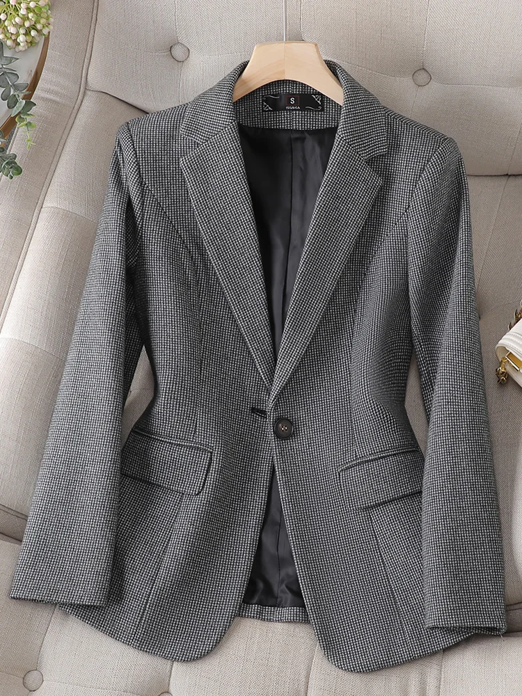 New Arrival Ladies Blazer Formal Jacket Women Long Sleeve Single Button Gray Apricot Plaid Female Work Wear Coat