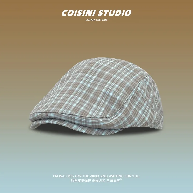 

Mori Fresh Green Plaid Berets Cap Women Summer Autumn Travel Sunscreen Versatile Casual Retro Literary Forward Hats for Men