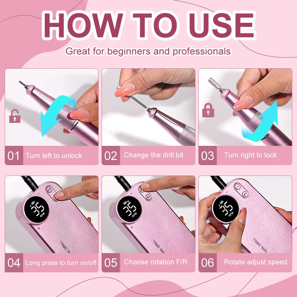 Conjunto de broca de unhas sem fio portátil 35000 rpm máquina polidora de unhas com bateria baixa vibração equipamento de baixo ruído verde cinza rosa