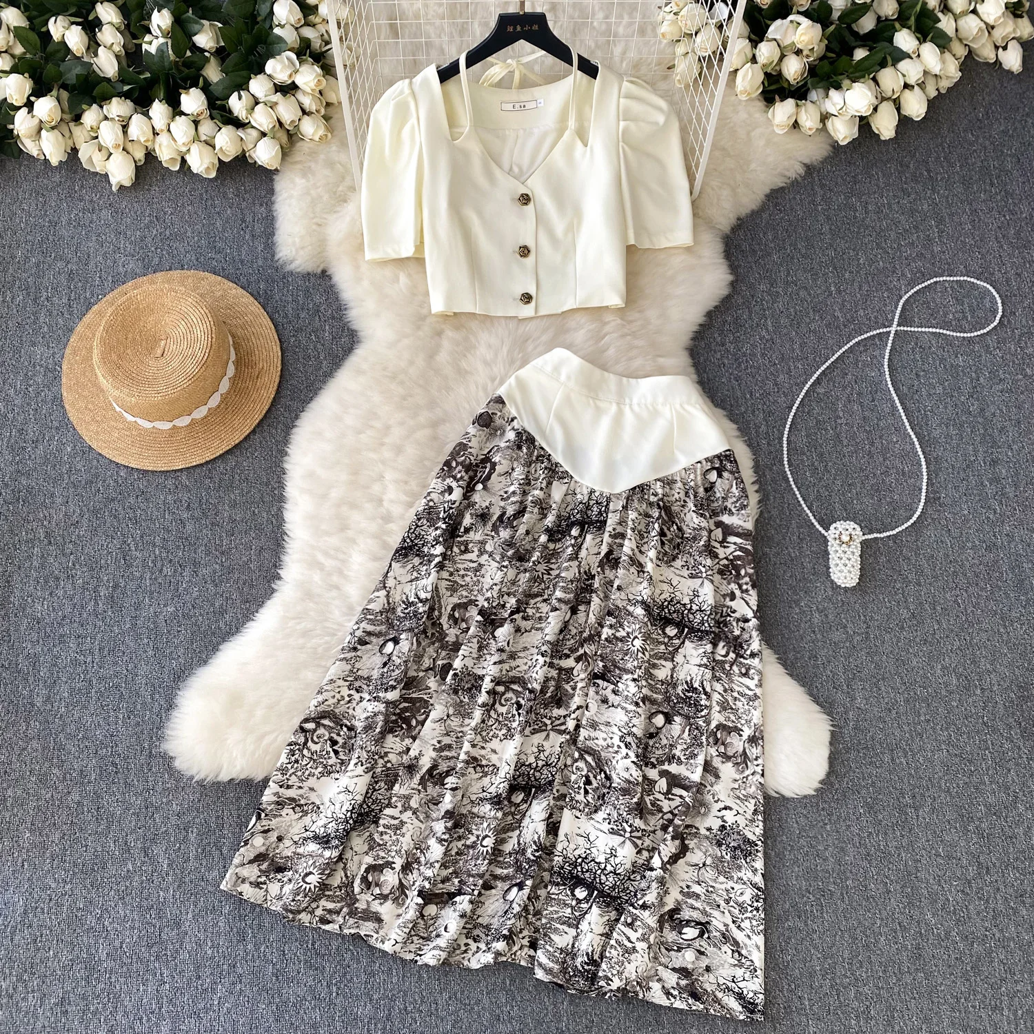 

French Style Hanging Neck Puff Sleeve Short Top and High Waist Slim Ink Painted Half Skirt Two Piece Set