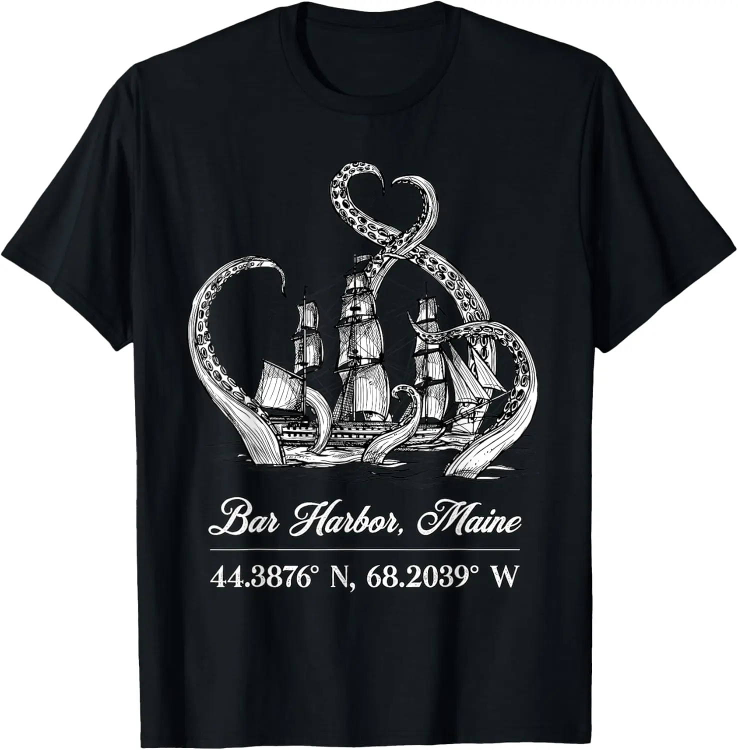 

Bar Harbor, Maine Nautical Coordinates Boat Octopus T-Shirt