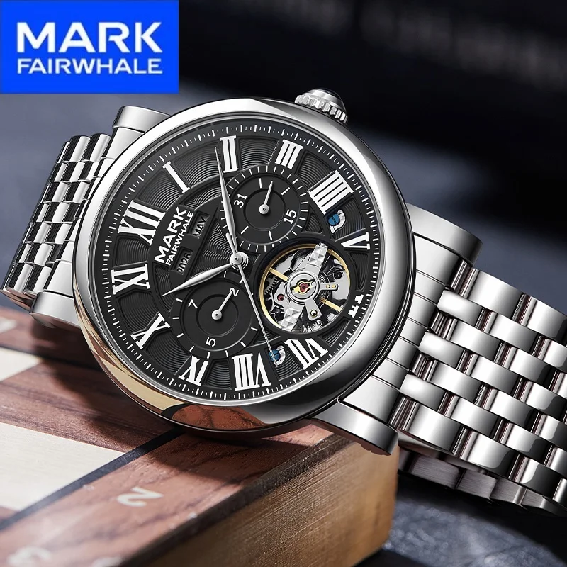 

MARK FAIRWHALE Fashion Men's Automatic Watch Steel Strap Skeleton Dial Waterproof montre homme automatique for men Wristwatch