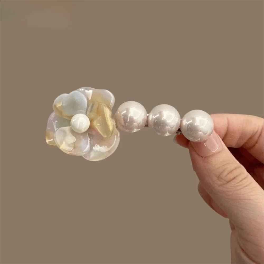 Lovely Korean Style Camellia Pearl Side Clip Sweet Barrette Flower Hair Clip Elegant Acetate Duckbill Clip Daily