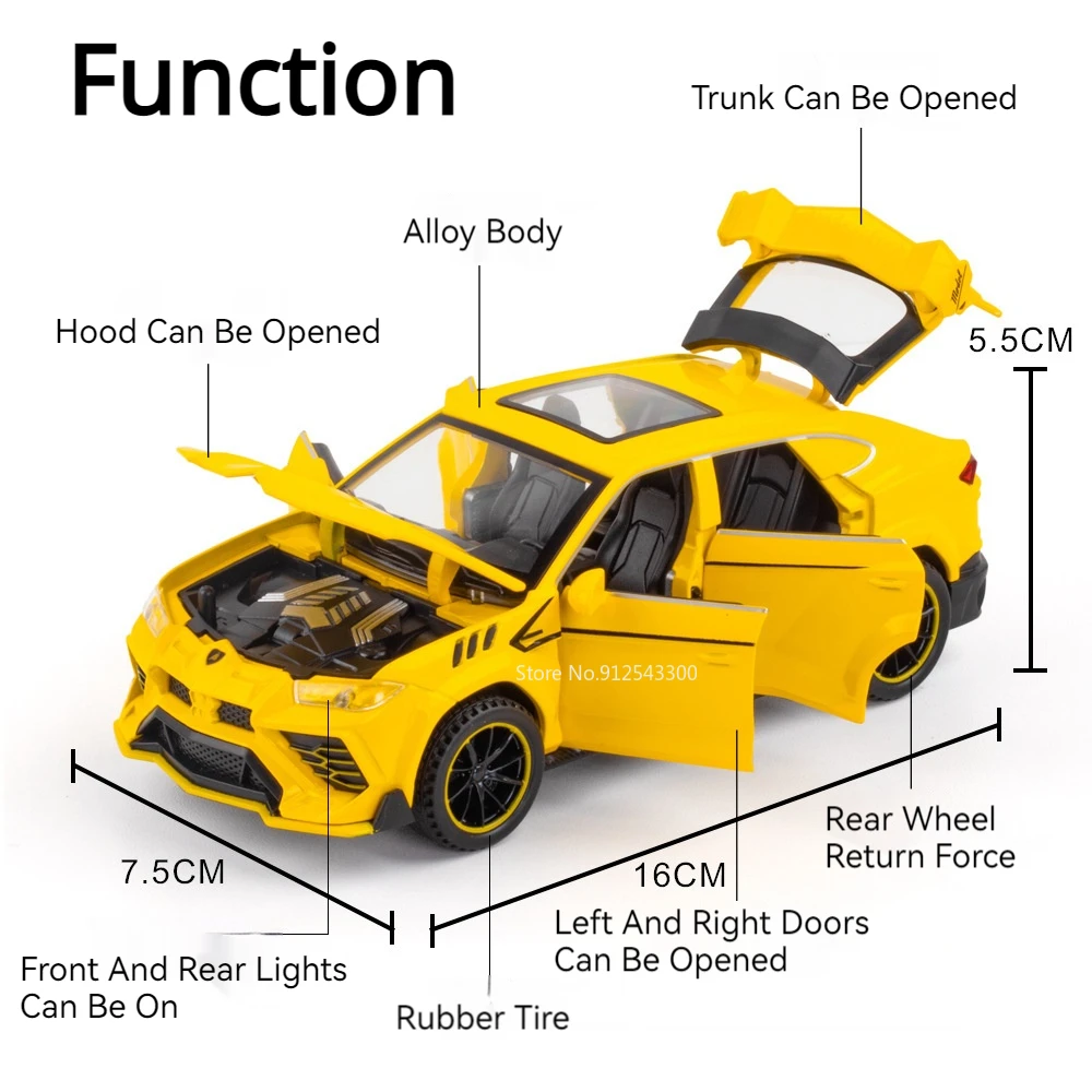 Juguetes de aleación URUS V12 a escala 1:32, modelo de coche fundido a presión, puertas de Metal, sonido abierto, luz, vehículos extraíbles, modelos, juguetes para niños, adornos