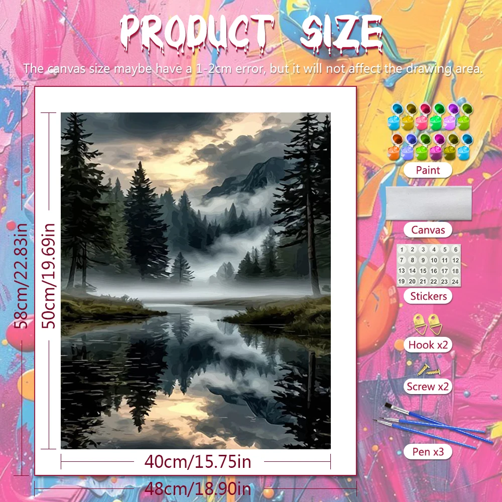 Huacan Oil Painting By Numbers Forest Tree DIY Digital Oil Painting Reflection Fog Scenery Landscape Wall Decor Living Room