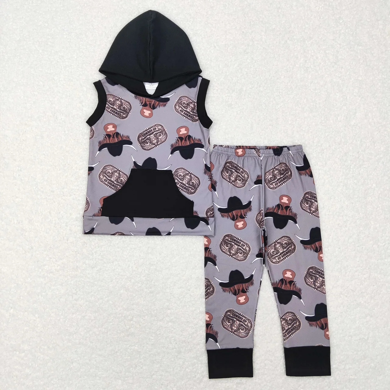 

Wholesale Toddler Western Clothes Sleeveless Hoodie Pocket Shirt Kids Cow Print Pants Infant Children Set Baby Boy Outfit