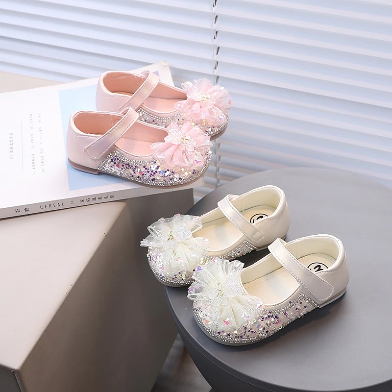 Kid's Shoes Girls Leather Shoes with Shiny Rhinestone Bow Shallow Mouth Round Toe Princess Shoes Soft Soled Children's Shoes
