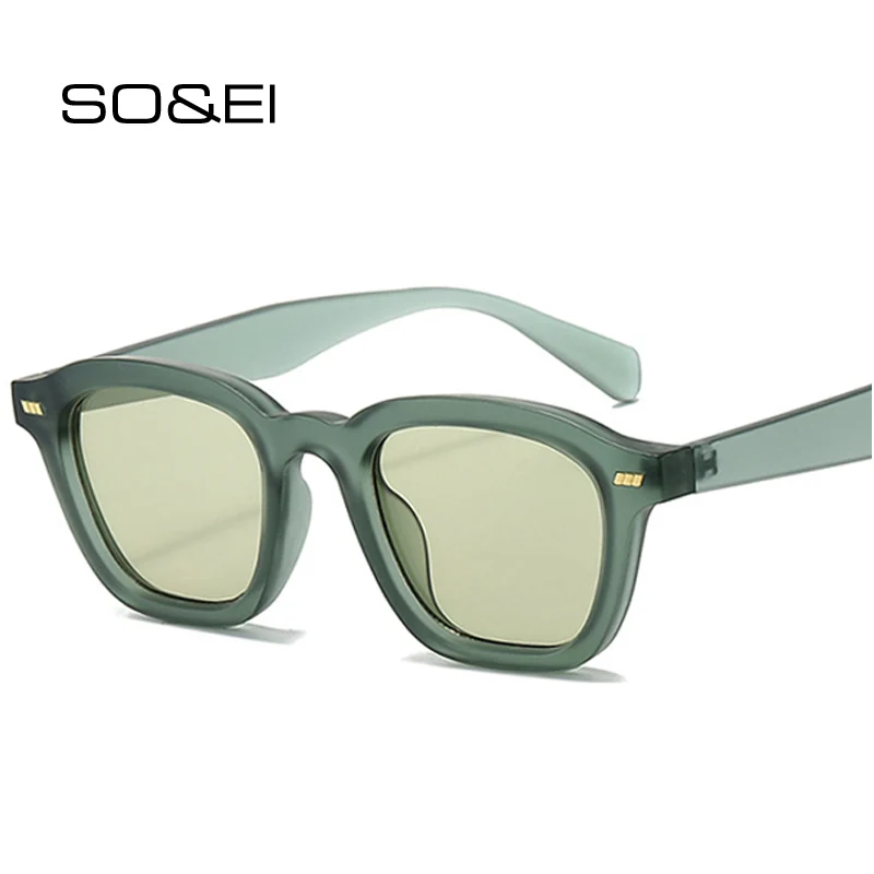 SO&EI Retro Square Women Sunglasses Fashion Dark Green Shades UV400 Men Rivets Decoration Punk Matte Sun Glasses