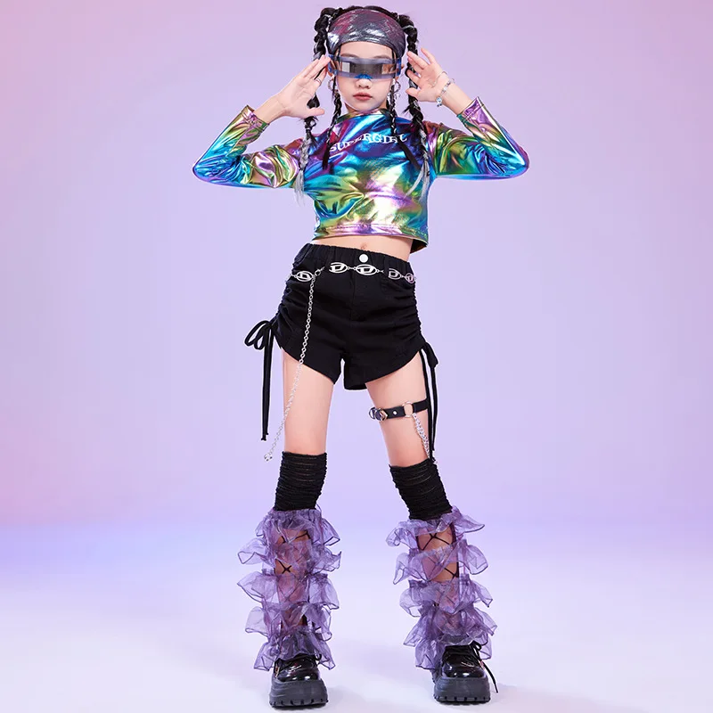 Girls Hip Hop Sets Laser Crop Top K-pop Shorts Street Dance Shiny Clothes Kids Jazz Costume Child Streetwear