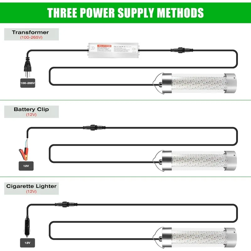 LED Underwater Fishing Light,   Fishing Attractor IP68 Submersible Lamp for Crappie Snook Squid Shrimp, 49ft/33ft/16ft Wire