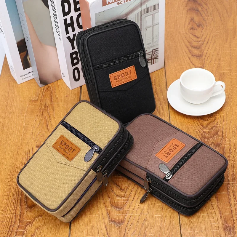 New Men's Canvas Waist Bags Wear Belt Fanny Pack Multi Layer Phone Pouch Money Coin Purse Small Pocket Design Belt Waist Bag