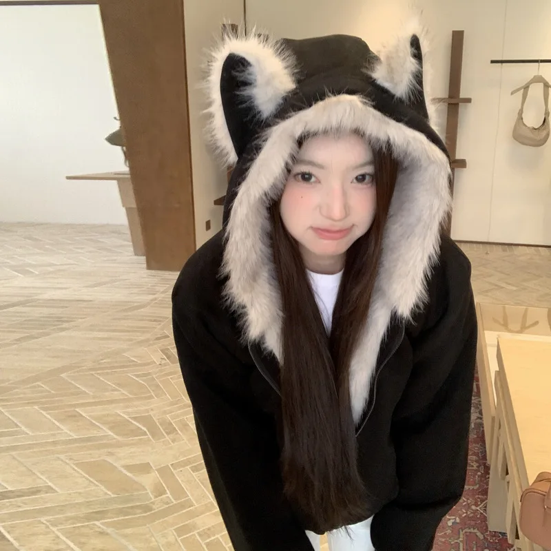 Y2K American Plush Winter Black Jacket Women Light Luxury Fur Collar Coat Hip Hop Baggy Hooded Cotton-Padded Jacket for Woman