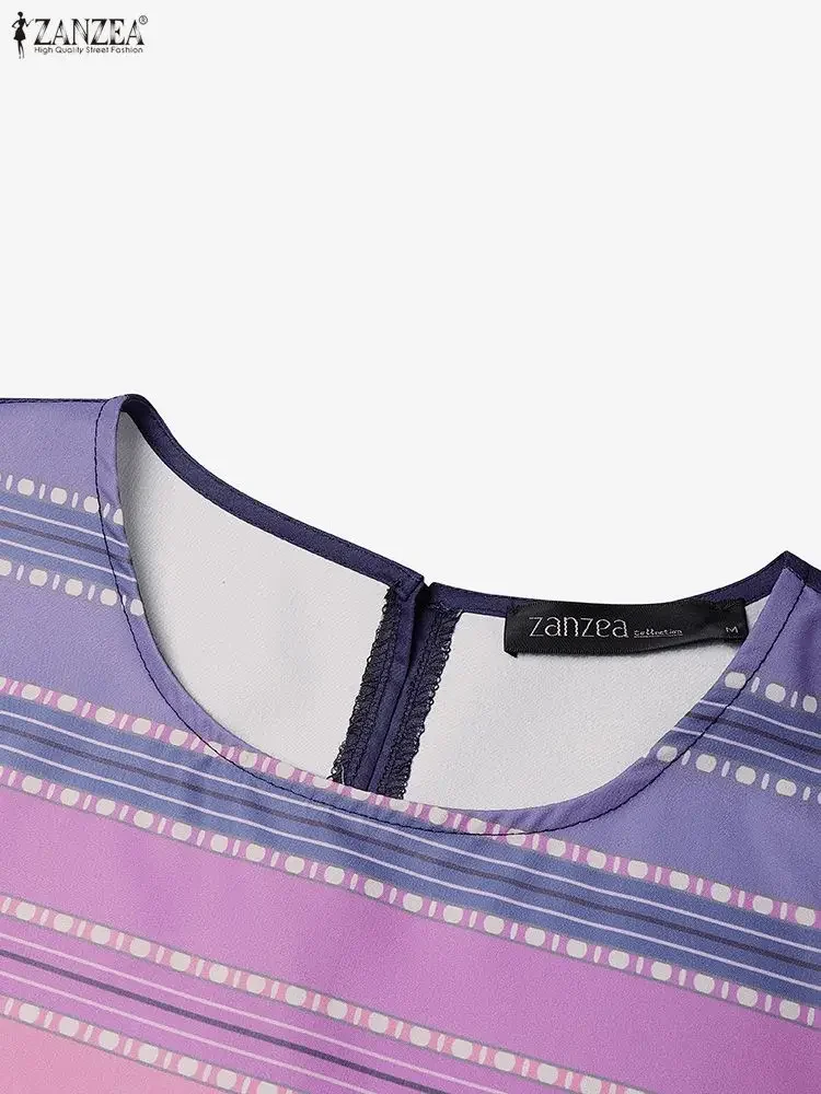 Damskie bluzki w kontrastowe paski w stylu etnicznym, codzienne, z okrągłym dekoltem, rękawami trzy czwarte, krótkie topy ZANZEA 2025, odzież damska na jesień.