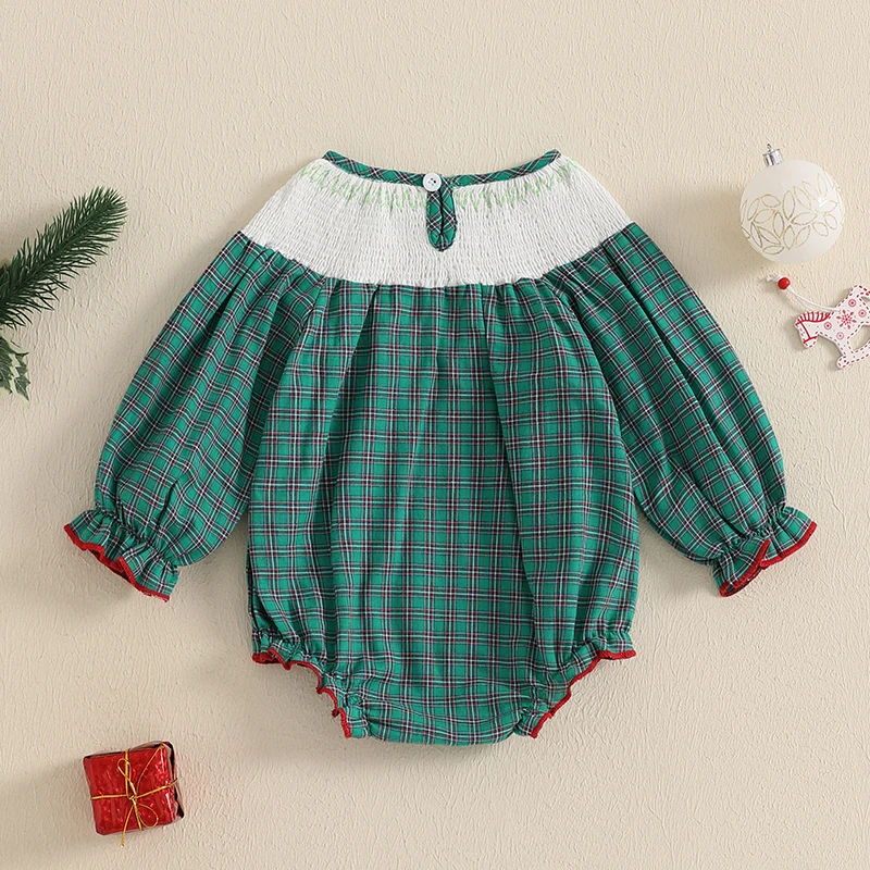 Pelele a cuadros de Navidad para niña, mono de manga con volantes, bordado de bola fruncida, ropa informal