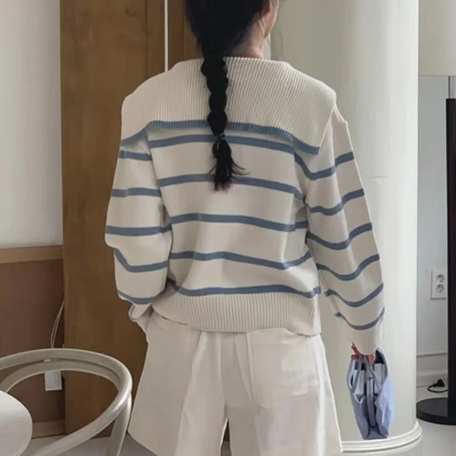 Los gebreid vest dames faionable gestreept ontwerp kleur blo marine kraag casual sle lange Sve top voor dames