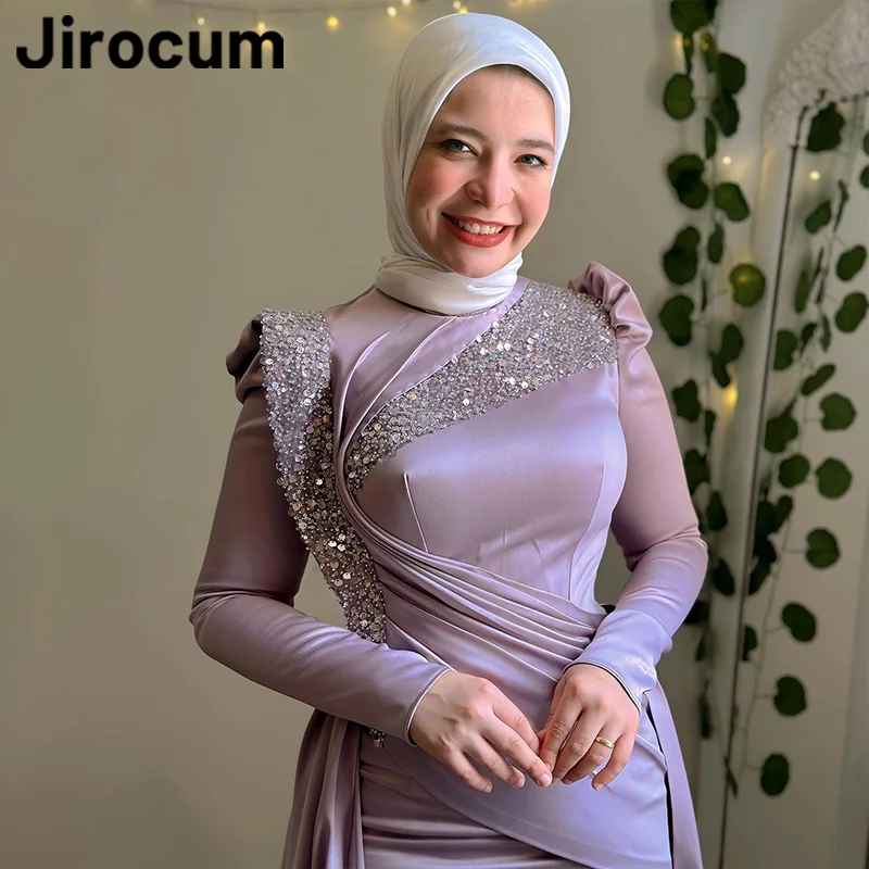 Jirocum Sparkling Mermaid Prom Dress Muslim O Neck Sequin Tulle Party Evening Gown Women's Floor Length Formal Occasion Dresses