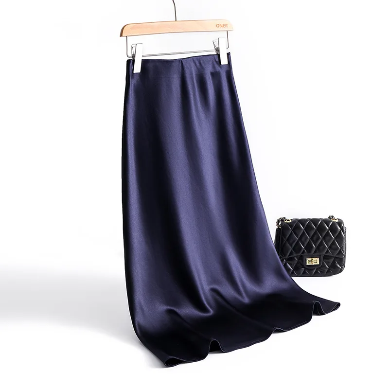 Pingente de seda ácido acético cetim reto uma saia média e longa verão respirável saia tamanho grande alto sentido