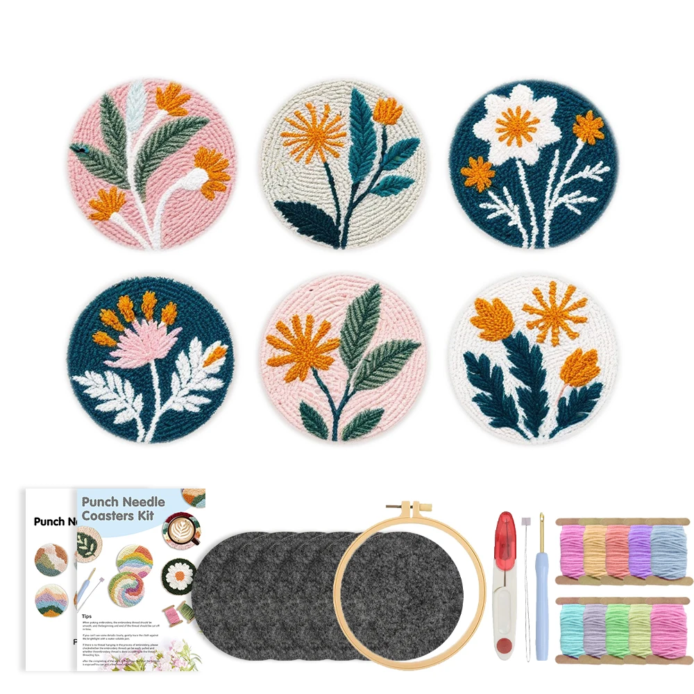 

GATYZTORY 6pcs/Set Punch Needle Coaster Kit Flower pattern Punch Needle Embroidery Kit for Beginners Adult Diy Gift Home Decor