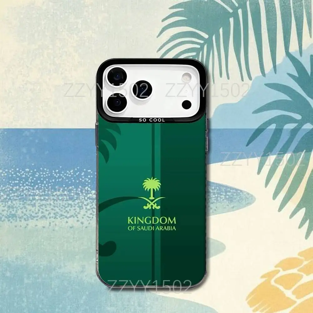 حافظة هاتف بعلم المملكة العربية السعودية لهاتف آيفون 17,16,15,14,13,12,X,8,Pro,Max,Plus,SE4,Air,Mini HD Black IMD Matte #6