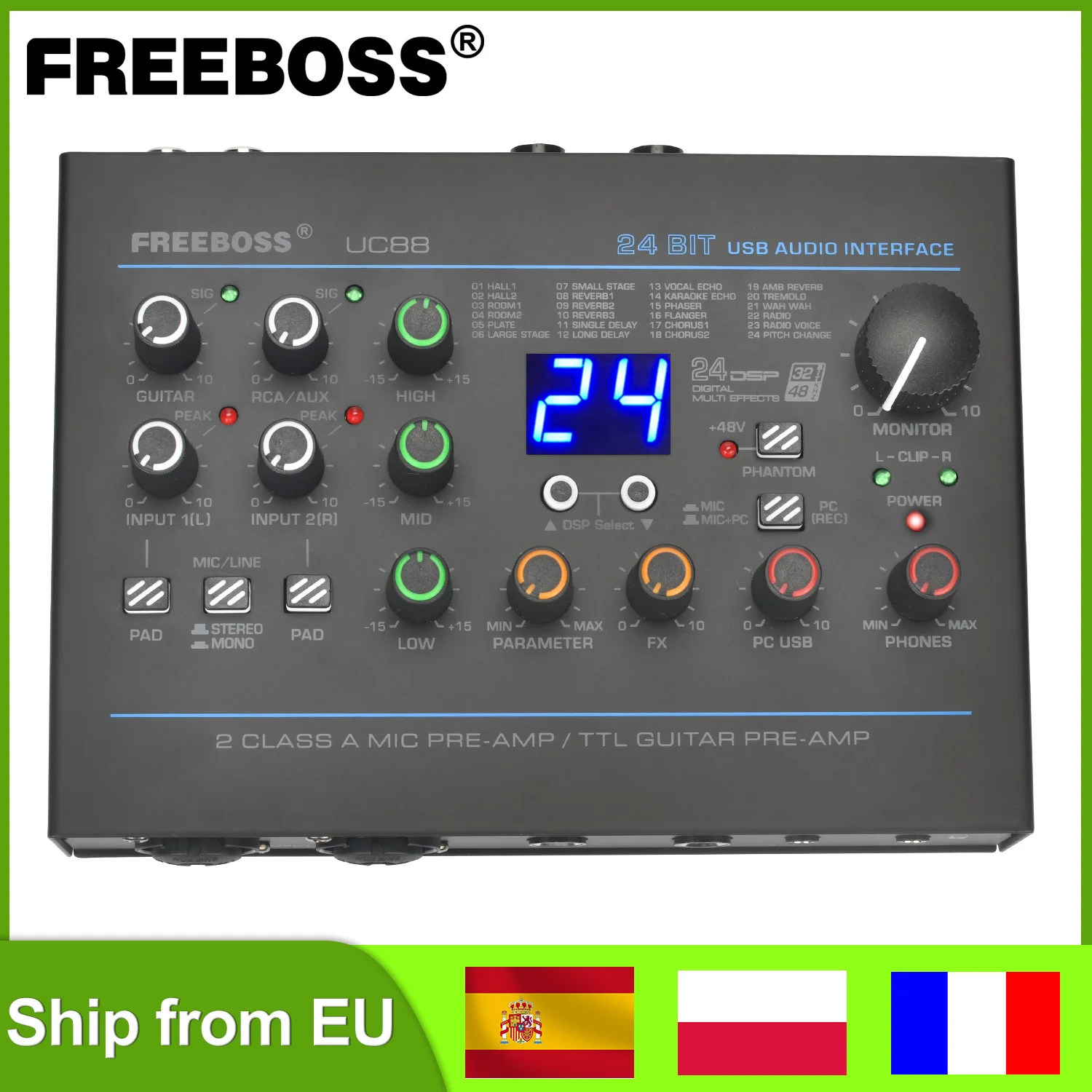 Freeboss 24 Effects Sound Card 48KHz EQ Recording 2 XLR Mic Input Stereo PC 48V Guitar External Audio Interface For Mac OS UC88