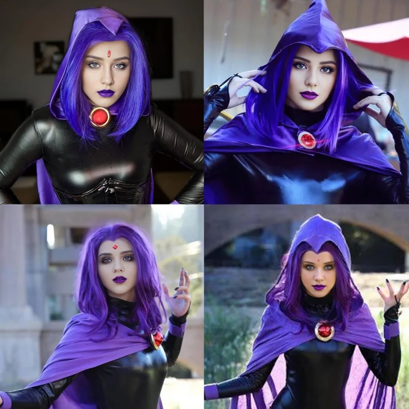 شعر مستعار أرجواني داكن للنساء ، بوب قصير ، طول كتف مستقيم ، حفلة هالوان ، شعر مستعار رافين ، 14" #6