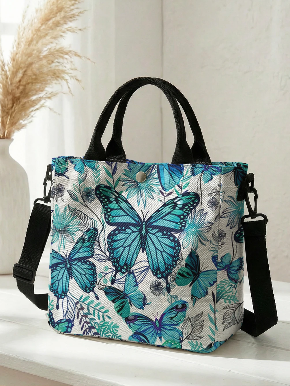 Teal Blue Butterfly Floral Canvas Tote Bag Detachable Strap Crossbody Handbag For Women Daily Shopping