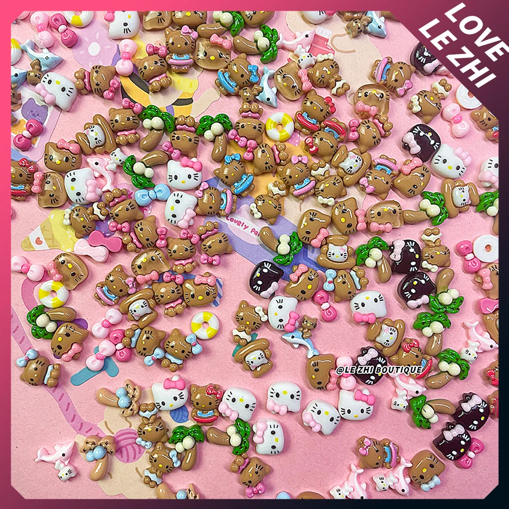 

50Pcs Mixed Hawaii Hello Kitty Nails Art Charms Accessories Summer Black Skin Beach Coconut Tree Diy Handwork Nails Charms