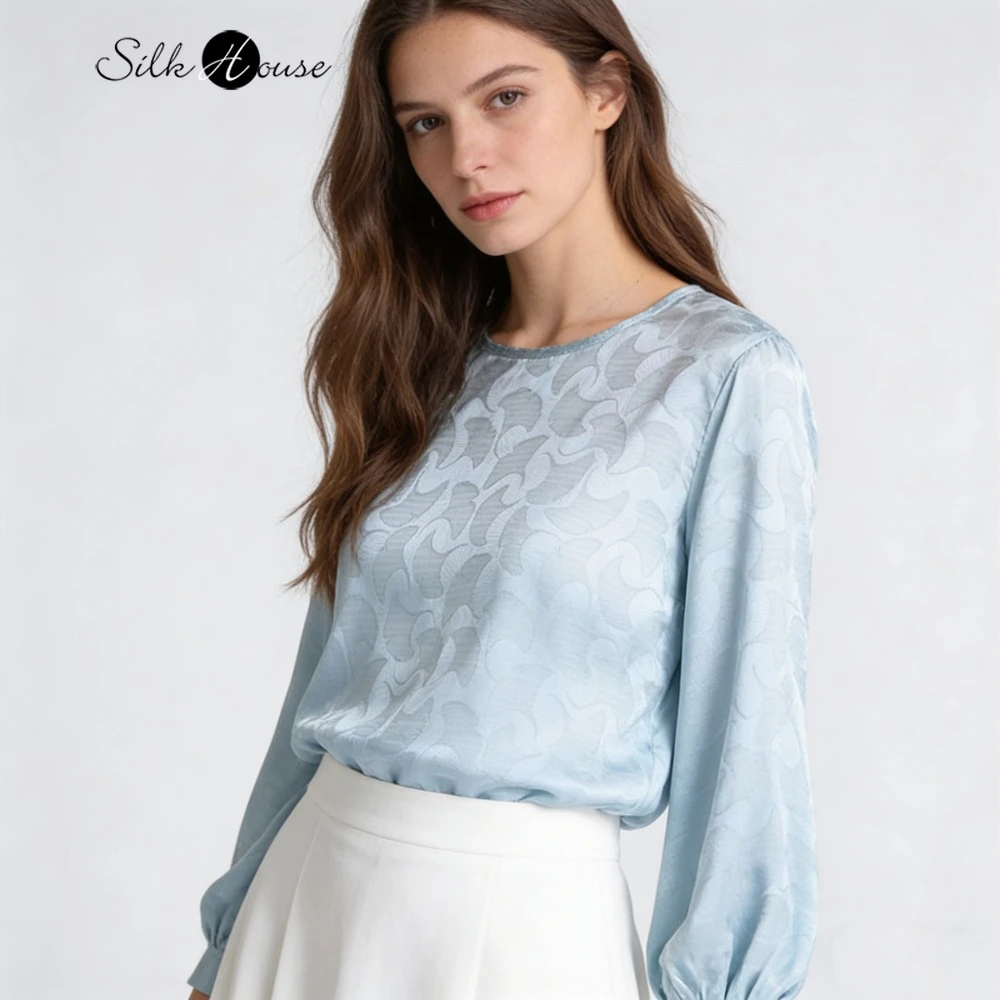 

100% Natural Mulberry Silk Ginkgo Leaf Jacquard Satin Top, Women's Round Neck Lantern Long Sleeve Loose Straight Tube T-shirt