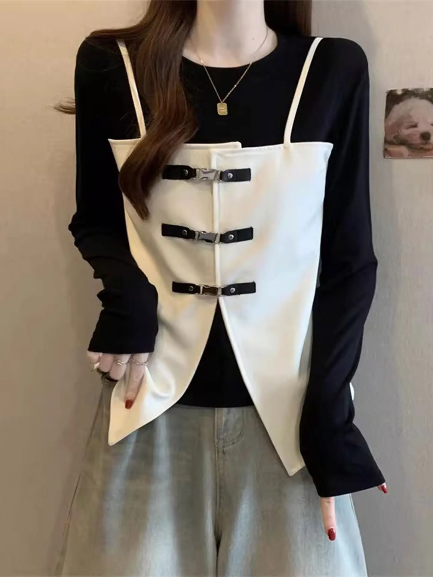 

Casual Sle Long Sve T-irt Women's plus Size Faion Streetwear Unique Metal Bule Design Spring Early Season Top