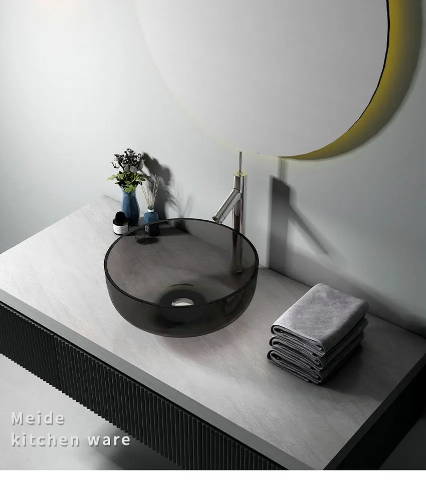 New round bowl shaped colored glass washbasin, household bathroom countertop basin, transparent resin basin