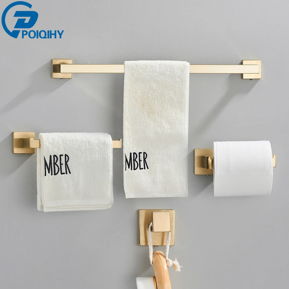 

POIQIHY Bathroom Hardware Set Brushed Gold Robe Hook Towel Rail Bar Shelf Tissue Paper Holder Wall Mounted Bathroom Accessories
