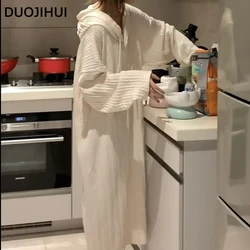 DUOJIHUI White Fashion Hooded Drawstring Stripe Loose Female Nightgowns Autumn Sweet Simple Casual Solid Color Women's Sleepwear