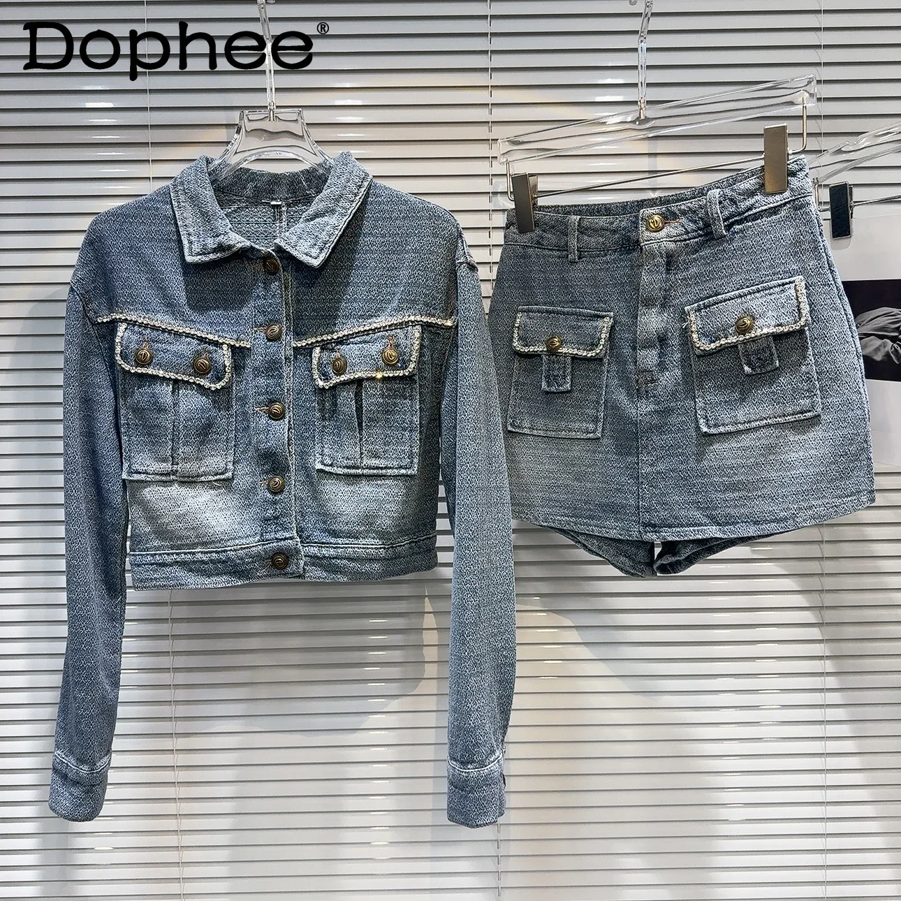 

Denim Skirt Sets 2024 Autumn New Rhinestone Beaded White Denim Short Jacket + Shorts Skirt Trendy Two Piece Sets Womens Outifits