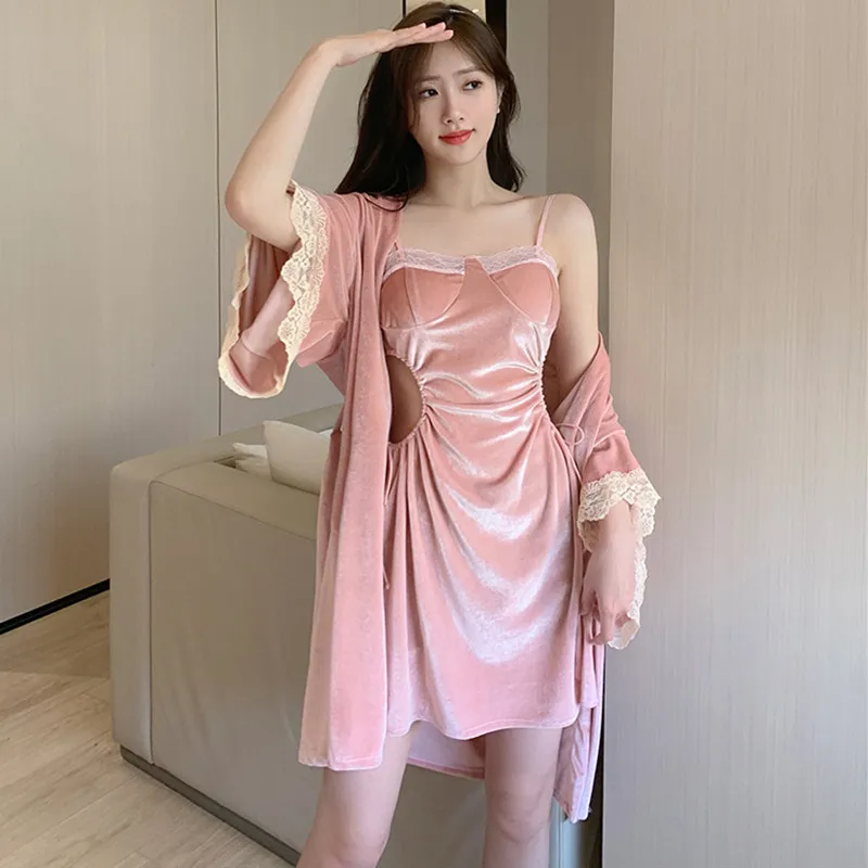 Sexy Golden Velvet Women's Two Piece Dress Set Autumn Winter Warm Sleepwear Nightgowns Female Long Sleeve Cardigan Nightdress