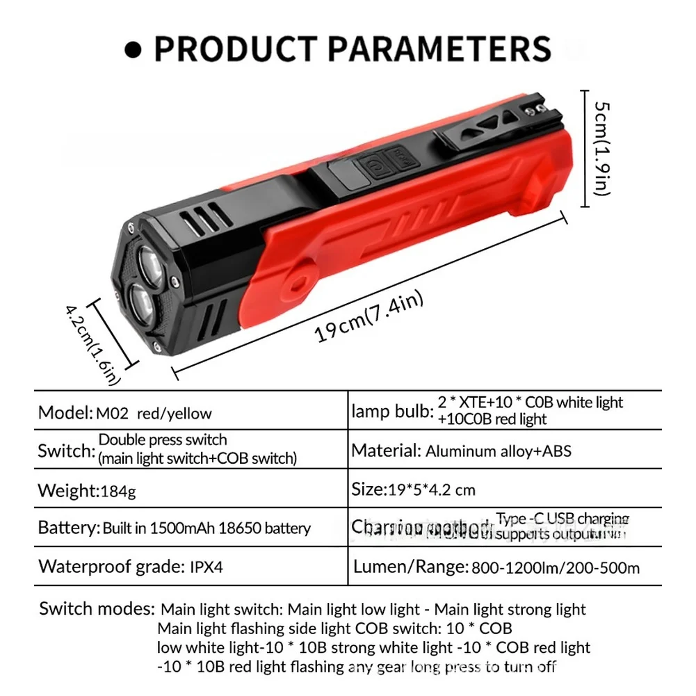 /XTE /COB /Dual Light Source Flashlight 180 Degree Rotatable Magnetic Work Light With Type C Charging For Camping Hiking Emergen