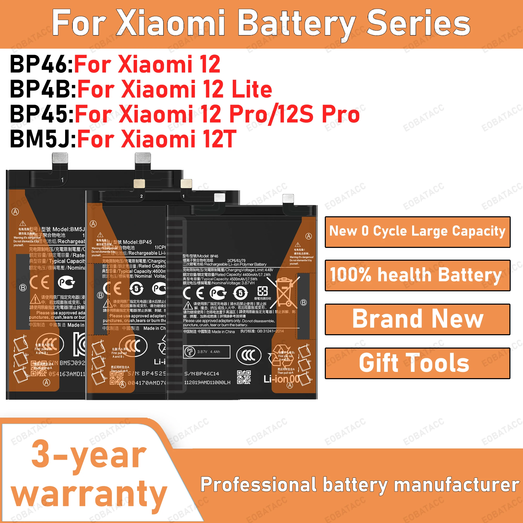 2025 Years New BM5J BP45 BP4B BP46 Battery For Xiaomi MI 12T PRO/ K50 ULTRA/12T/12 Pro/12S pro/12 Lite/12 Batteries+Free Tools