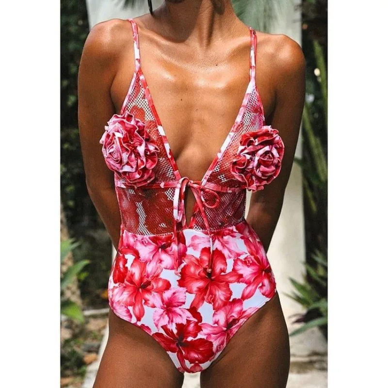 Women's 3D Flower Push Up Swimsuit, Sexy Swimwear, Monokini, Bathing Suits, Swim Suit Wear, Summer Beachwear, 1 Piece, 2024