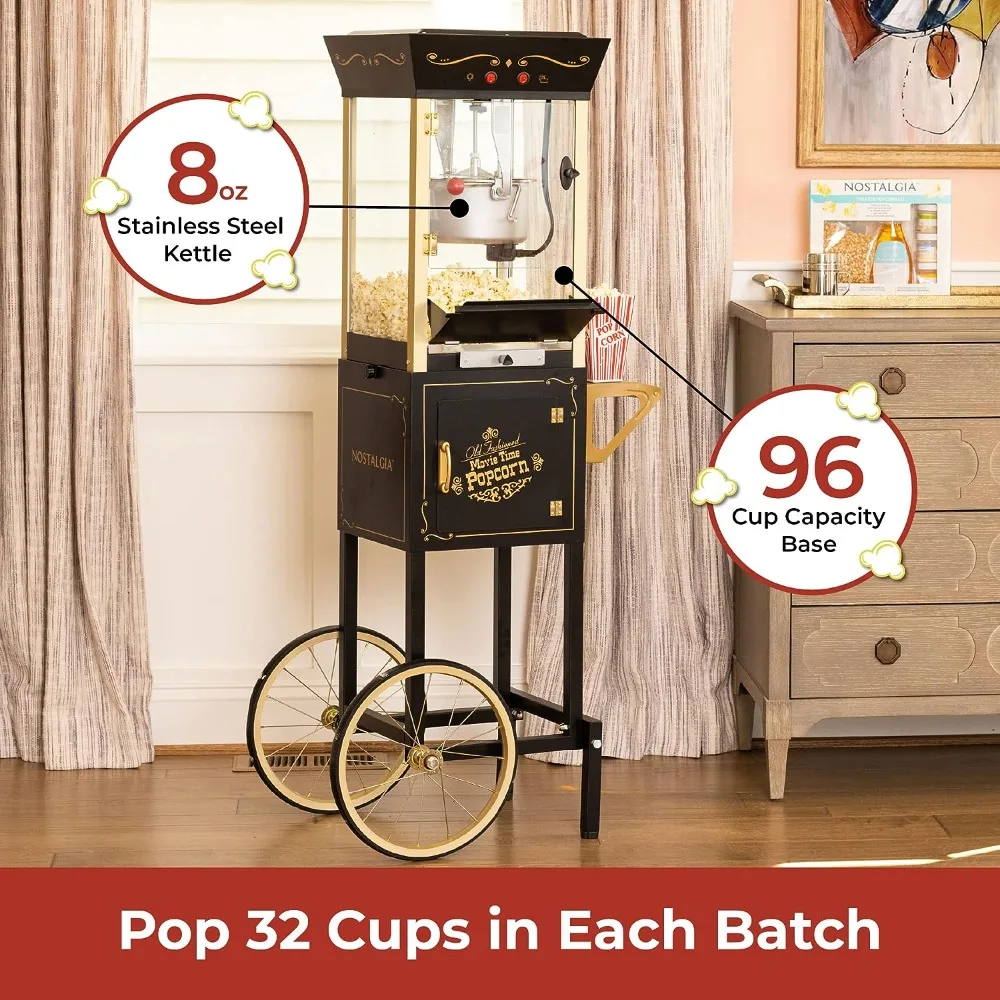 Nostalgia Popcorn Maker Machine - Professional Cart With 8 Oz Kettle Makes Up to 32 Cups - Popcorn Machine Movie Theater Style