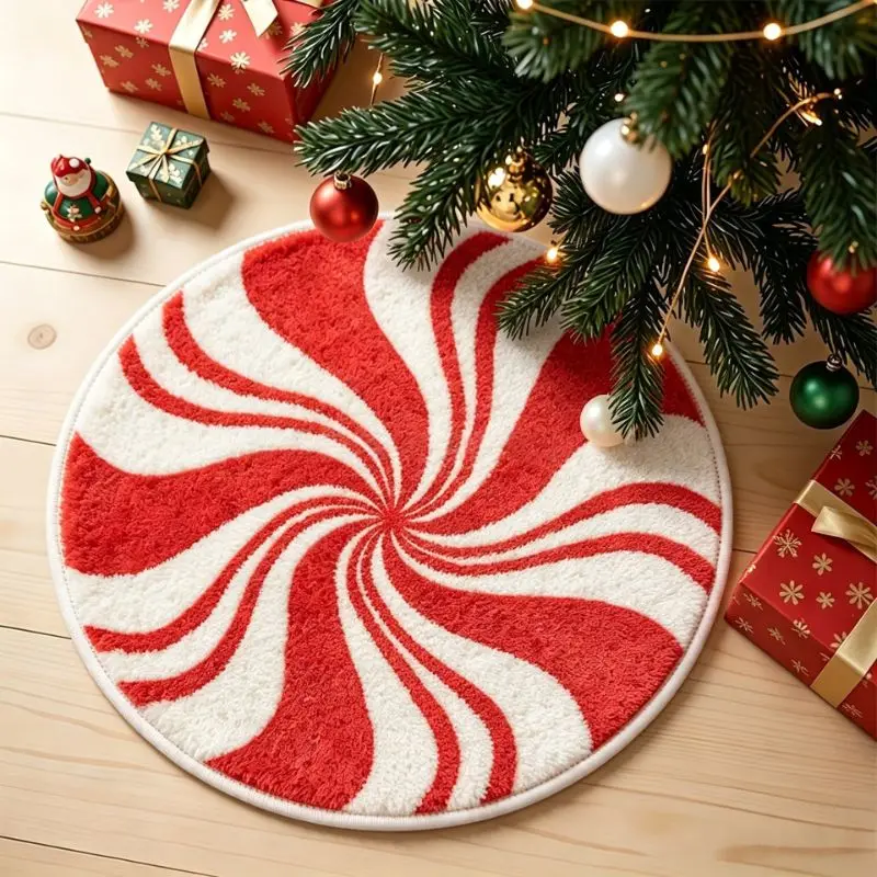 VIKAMA Peppermint Candy Swirl Flannel Circular Rug Non Slip Floor Cover for Living Room Bedroom Soft Cozy Aesthetic Home Decor