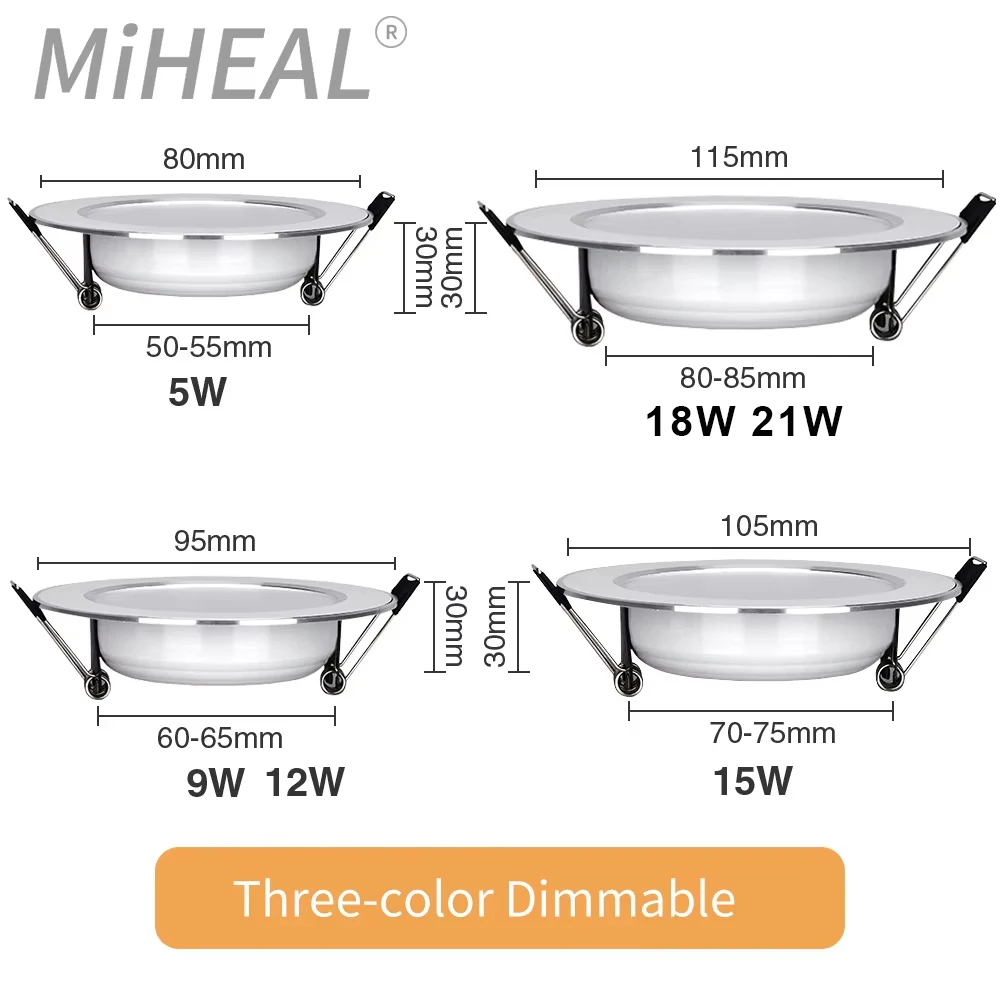 10PCS LED Downlight Recessed Ceiling Lamp 5W 9W 12W 15W Three-color dimmable/Cold white/Warm white led Spotlight AC 220V