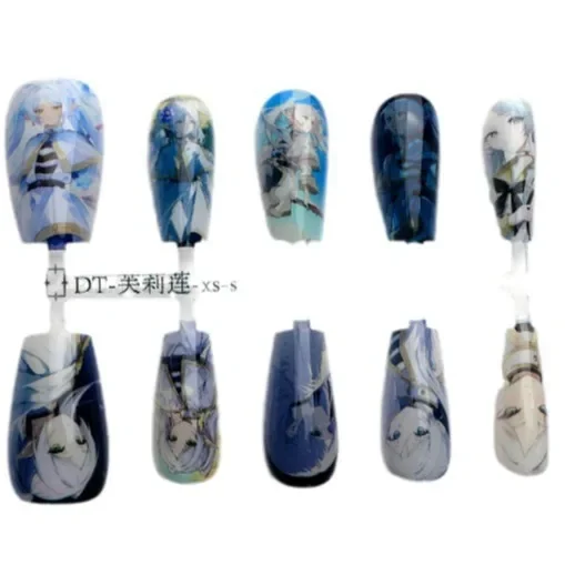 Frieren Blue White Printed Fake Nails Popular Anime Short Coffin Nail Accessories Kawaii Character False Nails Ballerina Tips