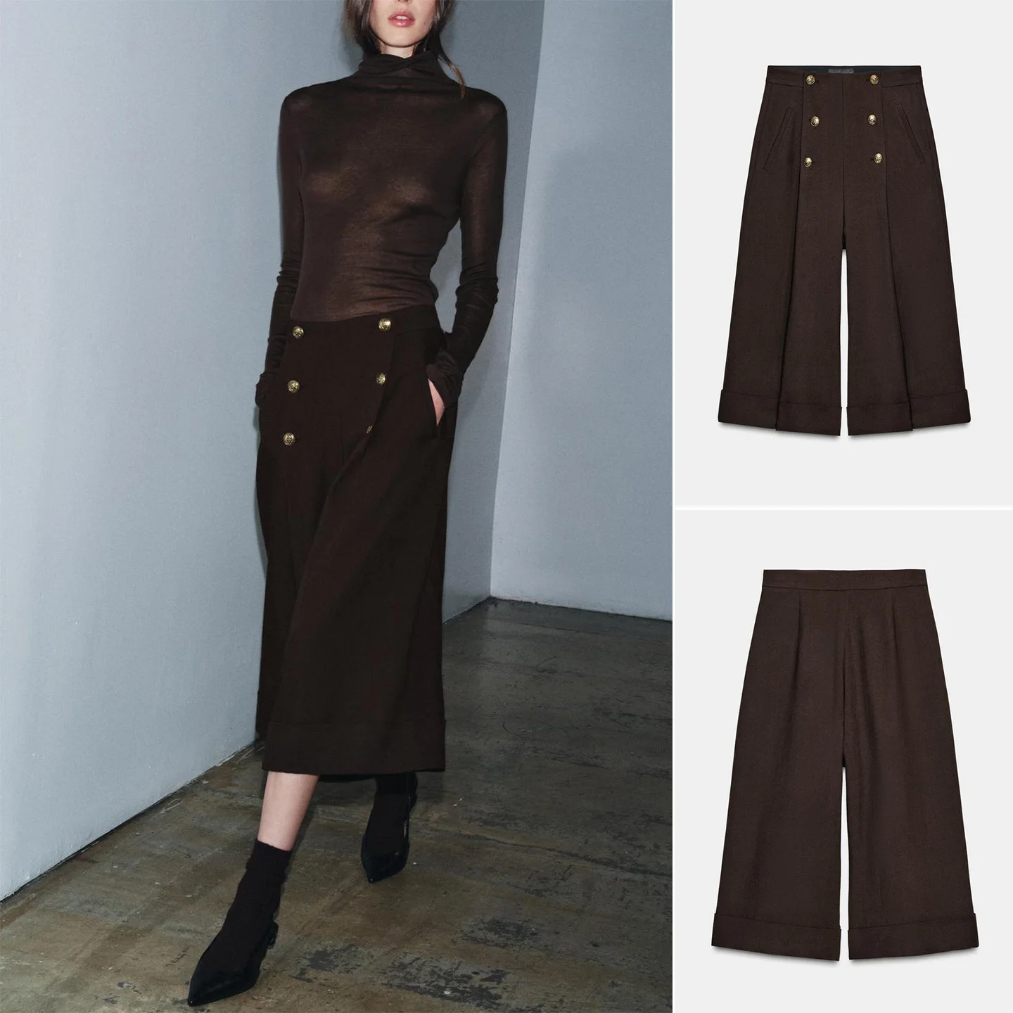 Winter Neue frauen Casual Lange orts Metall Taste Plissee Dekor mittlere Taille Breite Bein Hosen Polyester Faser l Taille