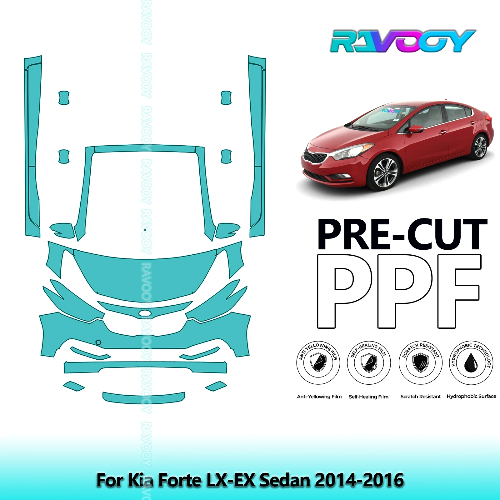 

8.5Mil Precut Paint Protection Film PPF Clear Bra Front Kit+Rockers For Kia Forte LX-EX Sedan 2014-2016
