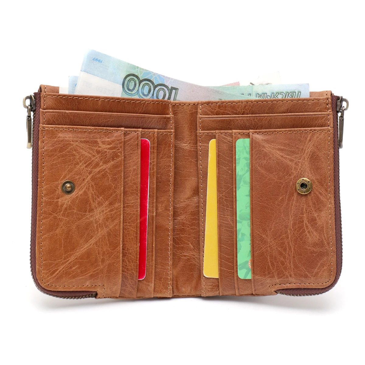 SC Luxury Retro Oil Waxed Leather Bifold Short Wallet RFID Functional Multi Pockets Card Holders Cash Slots Coin Purse Portable