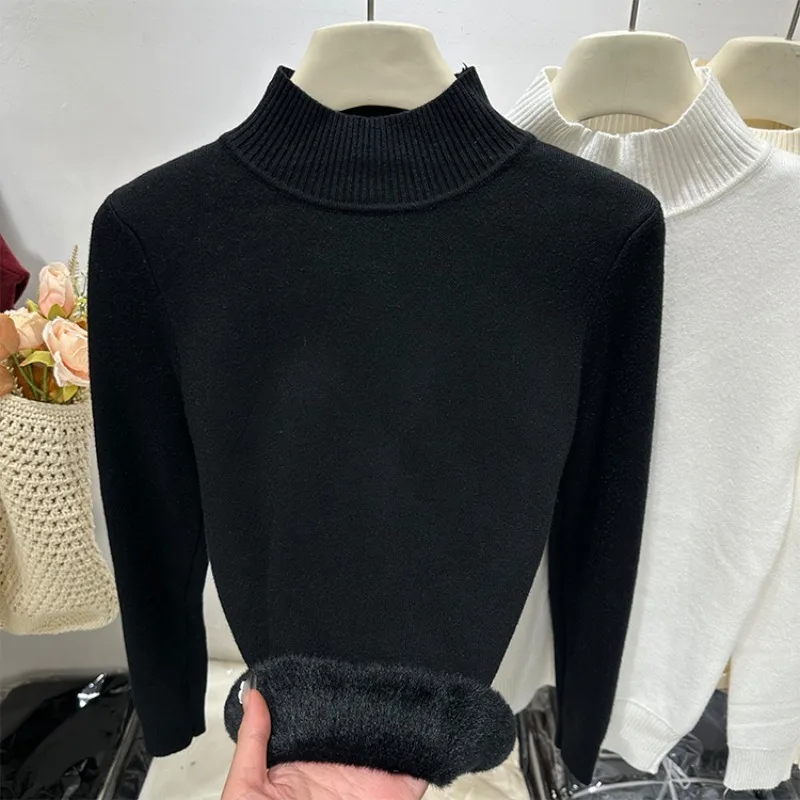 الخريف الشتاء نصف الرقبة العالية البلوز سترة كلاسيكية عادية محبوك قاع القمم أفخم سميكة جديدة أفخم أنيقة بلون