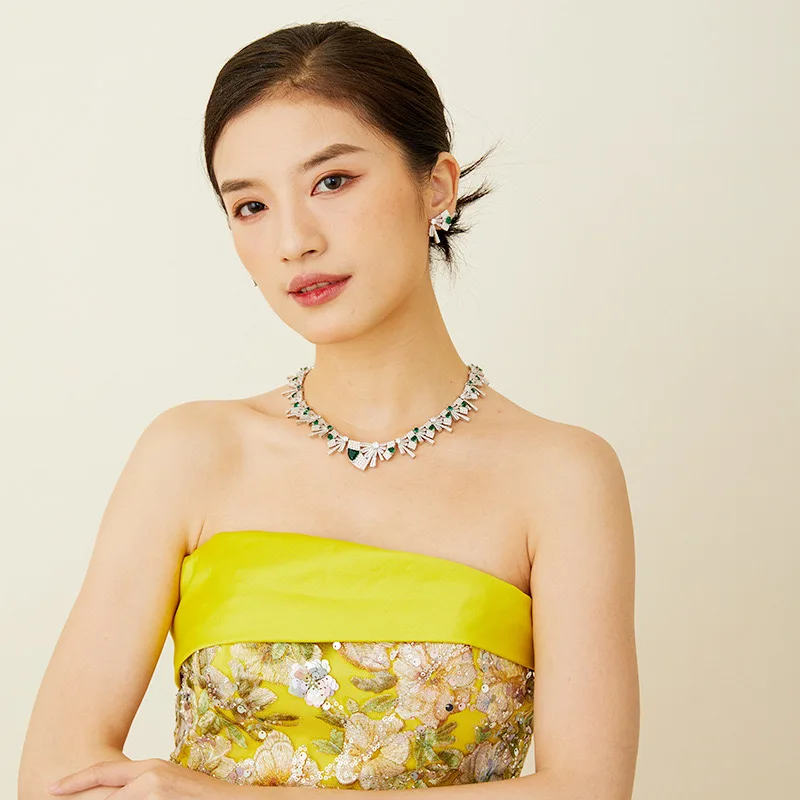 Temperament AAA Zircon Irregular Triangle Short Necklace Choker Earrings Set For Women Wedding Party Evening Dress Jewelry Sets