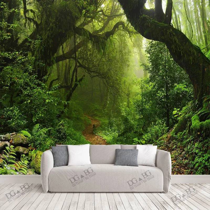 

Foggy Fantasy Enchanted Forest Wallpaper Extra Large Wall Green Jungle Bedroom Mural Woodland Trees Couches Art Decor Paintings