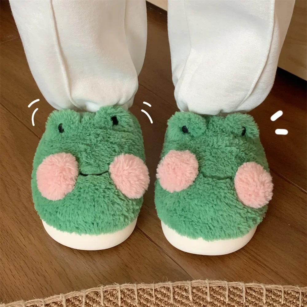 Cute Green Frog Fluffy Faux Fur Slippers, Women Winter Closed Toe Plush Home Slippers,  Animal Cozy Memory Foam Slides Shoes