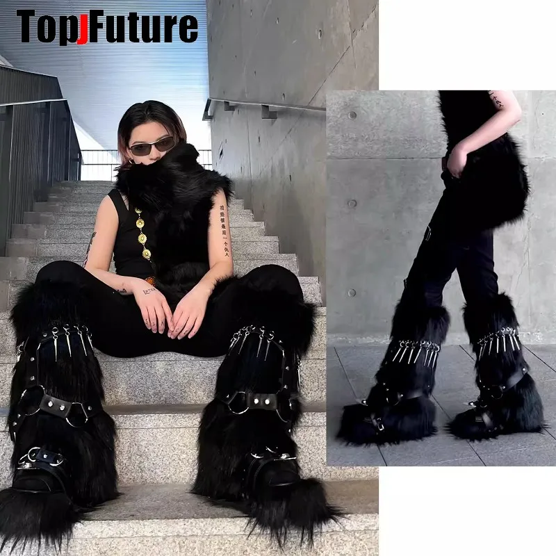 Kobiety UNISEX Harajuku Steampunk Furry Leg Warmer Y2K Girl Gothic Rivet Metal Buckle Faux Fur Boot Covers Streetwear Leg Warmers