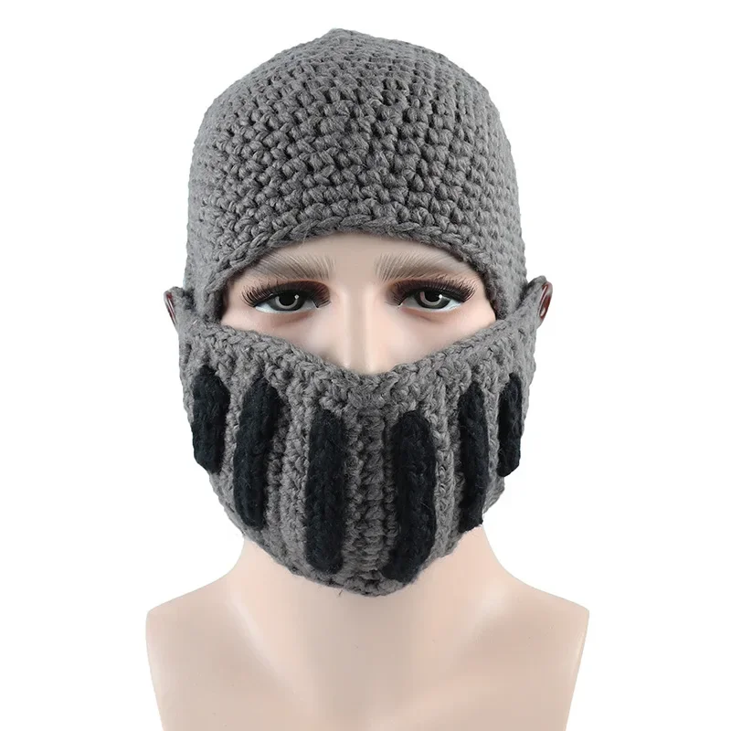 Warm Hat Men Beanie Windproof Knight Knit Beard Hats Handmade Woolen Yarn Knitwear Headgear Winter Beard Funny Party Beanies